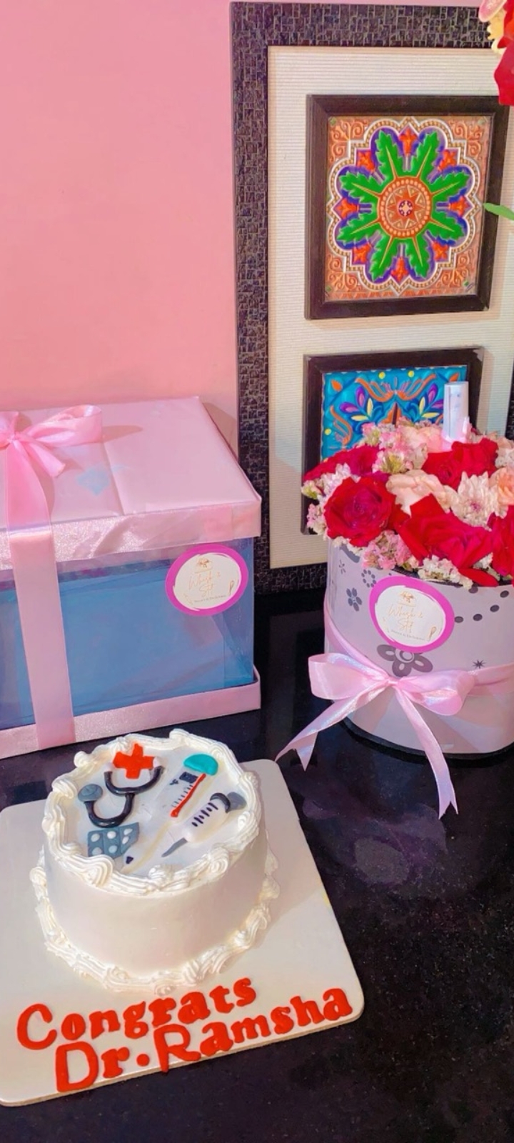 Custom cake for Doctor Ramsha with congratulations message for medical achievement - Custom Doctor Cakes Karachi By Whisk And Sift